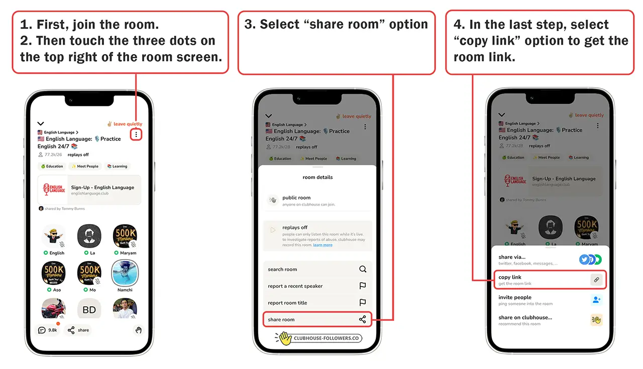 how to get room link on clubhouse